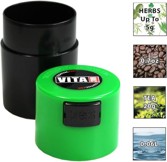 Tightpac Vitavac - 5g to 20 grams Airtight Multi-Use Vacuum Seal Portable Storage Container for Dry Goods, Food, and Herbs - Green Black