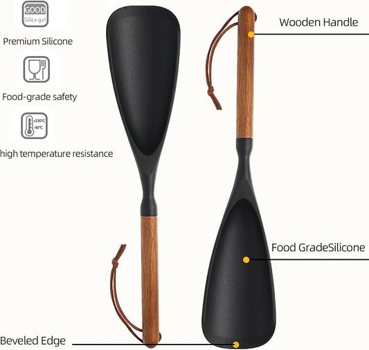 2 Pack Multifunction Silicone Spatula Cooking Spoon for Nonstick Cookware, Wooden Handle Spatula Spoon for Mixing Serving Scraping, Heat Resistant BPA-Free Kitchen Spoon (2)