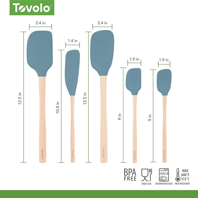 Tovolo Silicone Spatula with Wooden Handle Set of 5 Piece Silicone Kitchen Utensil Set Spoonula Jar Scraper Mini Spatula and Spoonula for Cooking Baking Mixing Folding Blue Slate