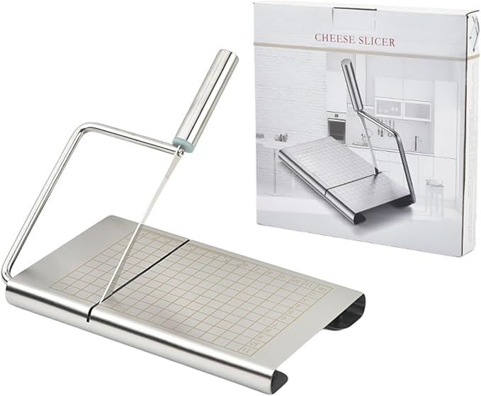 Multipurpose Stainless Steel Cheese Cutter, Bread Slicers with Precision Grid Scale and Anti Slip Base for Block Cheese, Butter, Bread, Sausages, Fruits, Kitchen Gadget Cheese Cutting Board