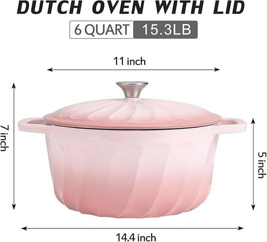 Enameled Cast Iron Dutch Oven with Lid, 6 QT Dutch Oven Pot for Bread Baking, Heavy Duty Cast Iron Pot for Braising, Cook, Bake, Refrigerate Safe across All Cooktops (Pink,6 QT)