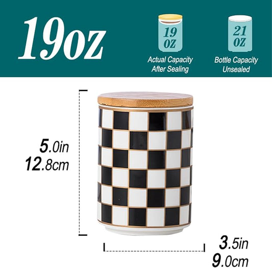 Kitchen Countertop Ceramic Checkered Canisters,Black And White Food Storage Containers With Lid,Airtight Kitchen Canisters for Flour, Sugar, Coffee, Tea, and Dry Goods (Black, Small)