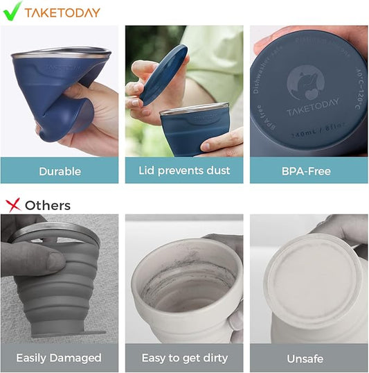 TakeToday Collapsible Travel Cup 8 oz - Silicone Foldable Water Cup, BPA-Free with Lid & Waterproof Bag - Drinking Cup Set for Camping, Outdoors & International Travel(Navy)