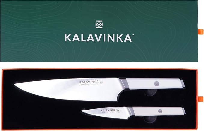 8 Inch Razor Sharp Chef Knife, High Carbon German Steel Blade with Comfortable Grip, Ideal for Meal Prep with Gift Box and 3.5 Inch Paring Knife, BBQ Knife (RUPA)