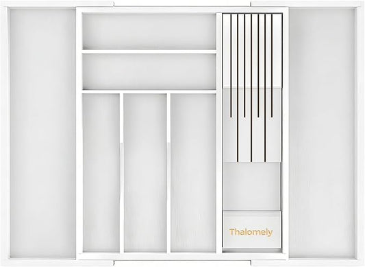 Bamboo Kitchen Drawer Organizer, Expandable Silverware Organizer with Removable Knife Block, 6-8 Slots- Utensil Holder & Cutlery Tray Drawer Dividers, 2.36" Deep for Extra Capacity, White