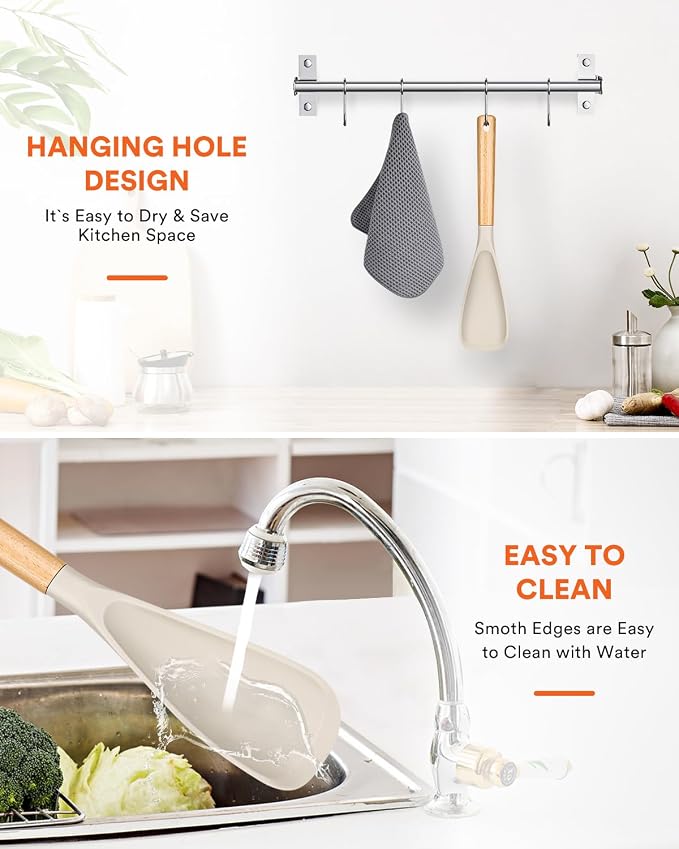Cooking Spoon for Nonstick Cookwares, Great for Cooking and Serving Sturdy BPA-Free Matte Silicone, Wood Handle Spoon for Mixing, Scoop, and Scrape (KHAKI, 13.4 inch)