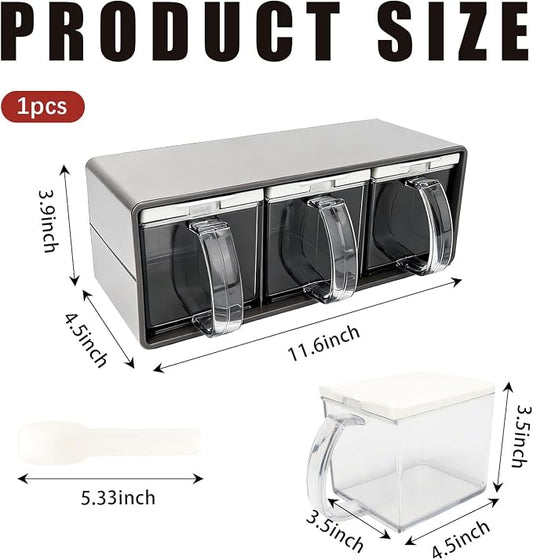 3 Grids Seasoning Organizer Box, Stainless Steel Spice Containers with Lid and Spoon, Storage Rack for Salt, Sugar, Pepper, Spices, Suitable for Home Kitchen and Cafe Use