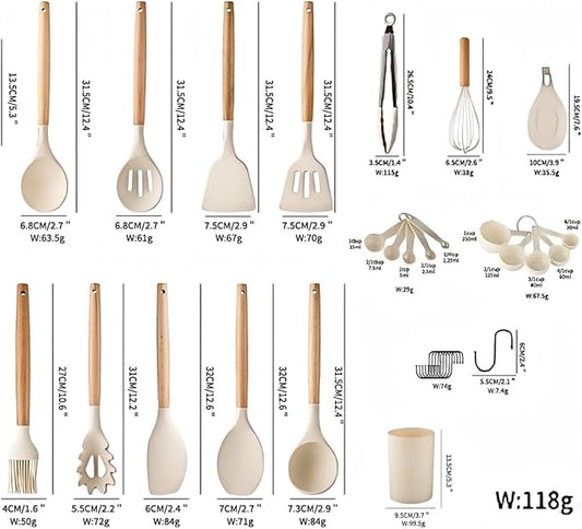 Silicone Cooking Utensils Set, 33PCS Kitchen Gadgets Tools with wooden Handle, Spoons, Spatulas, Whisk, Dishwasher Safe (Cream White, Set of 33)