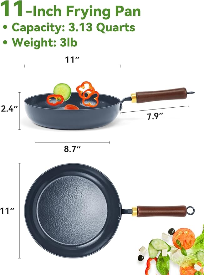11" Enameled Carbon Steel Skillet, Nonstick Frying Pan with Stay-Cool Wooden Handle, Season-Free Stir-Fry Pan, Non-Toxic PTFE & PFOA Free Cookware, Oven-Safe & All Stovetops Compatible