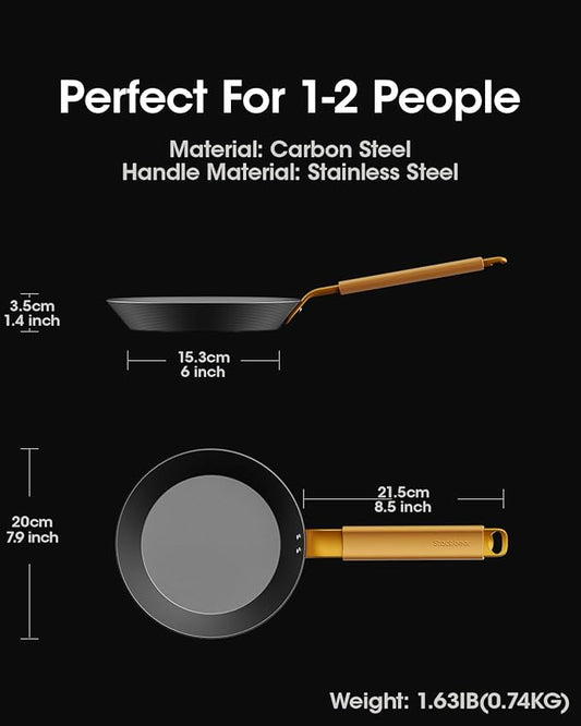 Carbon Steel Frying Pan 8 Inch, Nitrided Carbon Steel Breakfast Skillet, Preseasoned Rust Resistant Cookware, Induction & Oven Safe