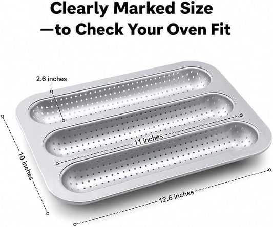 Metal Sub Roll & Hoagie Roll Baking Pan 12 inch, 3-Slot Perforated French Bread & Mini Baguette Pan, Nonstick Carbon Steel Bread Baking Tray for Homemade Subs & Sandwich Rolls