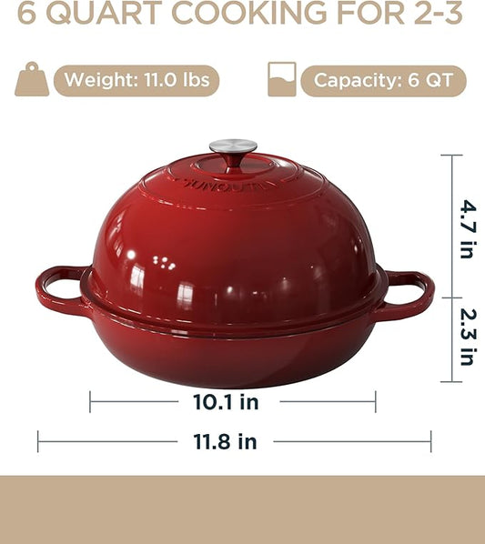 Enameled Cast Iron Bread Oven, 6QT Cast Iron Dutch Oven for Homemade Sourdough Bread Baking, Round Bread Pot with Dome Lid & Cotton Potholders, Cherry Red