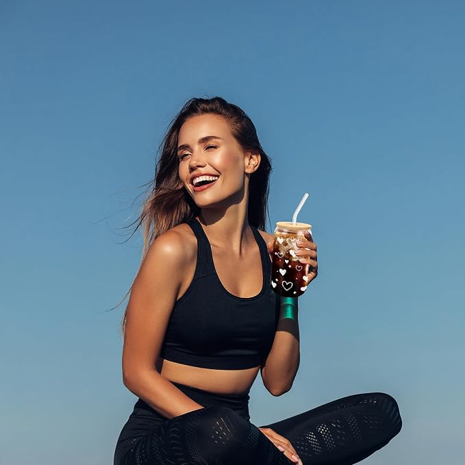 Glass Cup with Lid and Straw, 16 oz Cute Iced Coffee Cup with Heart Design, Bamboo Lid, Glass Straw and Brush for Desk, Dorm, Girlfriend or Best Friend