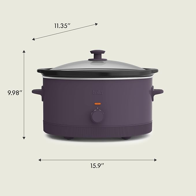 bella 6.0 Qt Manual Slow Cooker, Ceramic Nonstick Coating, 3 Temperature Settings, Dishwasher Safe Stoneware Pot and Tempered Glass Lid, Cool Touch Handles & Tangle Free Cord Wrap, Plum