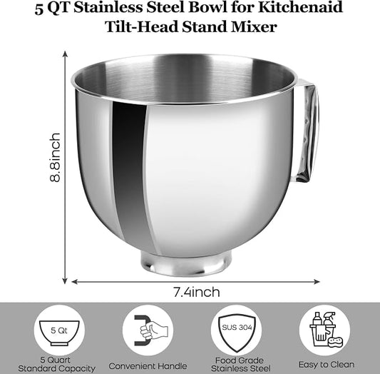 Stainless Steel Bowl Compatible with Kitchenaid Mixer 4.5/5QT,With Grey Lid,5 Quart Stainless Bowl for Kitchen Aid Mixing,With Green Lid