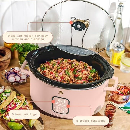 B 6 Qt Programmable Slow Cooker with Digital Timer, 5 Cooking Functions, Removable Ceramic Pot, Tempered Glass Lid, Dishwasher Safe (Rose)