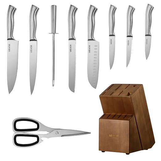 VEVOR Kitchen Knife Set with Block and Sharpener, 15 Piece German High Carbon Stainless Steel Sharp Knife Set, Kitchen Cutlery with Ergonomic Handle, Sharpening Rod and Wooden Block, for Home Cooks