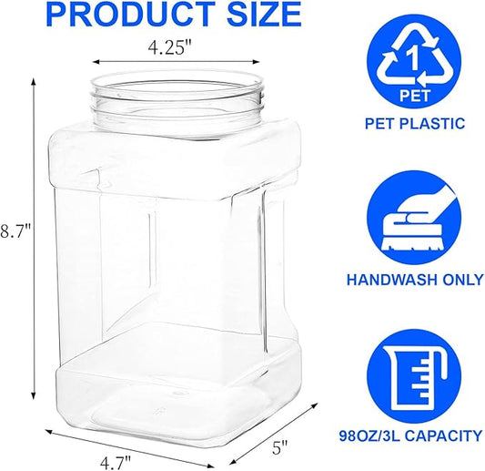3 Pack 98Oz Square Plastic Jars, Wide Mouth Airtight Food Storage Containers with Lids for Dry Goods, Candy, Cookies, Snacks, Nuts & Pantry Organization, Easy-Grip PET Canisters Jar