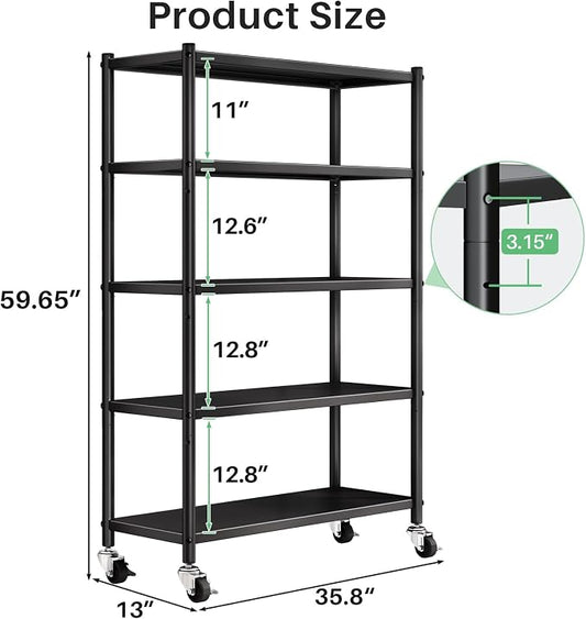 PXRACK Metal Shelving for Storage, 5 Tier Adjustable Kitchen Storage Shelves with Wheels, Shelving Unit Bookshelf Utility Shelf Metal Storage Rack for Garage Pantry Closet Laundry, 35.8"x13"x59.65"