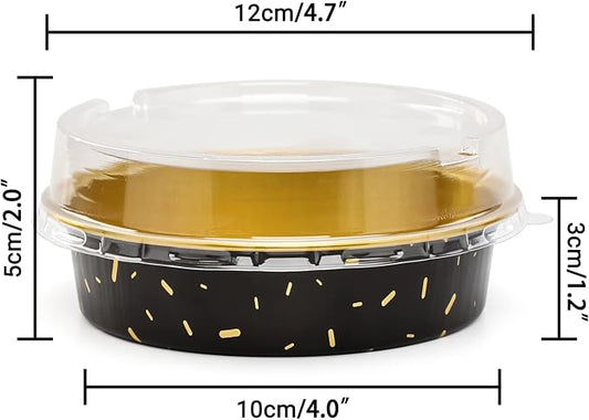 Beasea Mini Aluminum Pie Pans with Lids, 100 Pack 4” 8oz Black Gold Baking Pie Foil Tins Small Round Tart Cups Containers for Individual Cupcake Muffin Cheesecake Dessert Ramekins Quiche Oven Dishes
