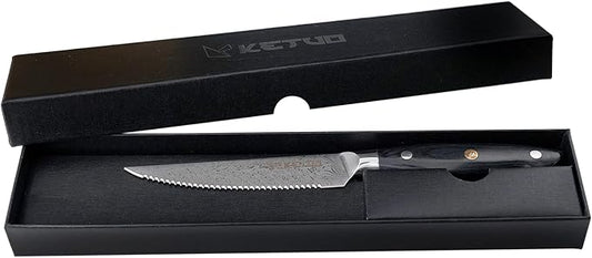 Ketuo Professional Chef Knife Damascus Carbon Steel with Laser Pattern Blade and Black Pakka Wood (4.5 Inch Steak Knife)