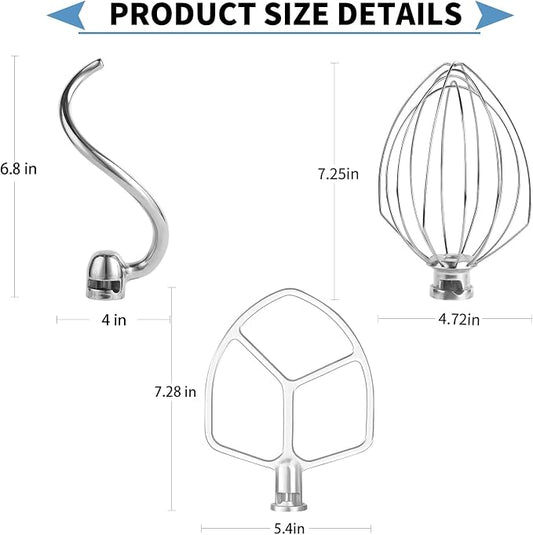 Stainless Steel 3 Piece kit Attachments,Dough Hook 6 Wire Whisk Flat Beater Compatible with KitchenAid 5 Plus -6QT Mixer,Bowl Lift Stand Mixer Accessory,Rust Resistant,Dishwasher Safe