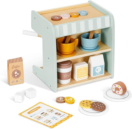 OOOK 2-in-1 Wooden Coffee Maker Set for Kids, 28Pcs Pretend Play Coffee Shop Toys with Play Kitchen Accessories & Food Toys, Birthday Gift for Girls Boys Age 3+