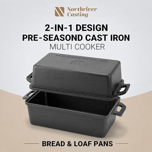 Northriver Casting 9ร5 Inch Cast Iron Loaf Pan with Lid | Bread Baking Pan | Even Heat Distribution for Homemade Bread, Cake, and Meatloaf | 2 Piece Set