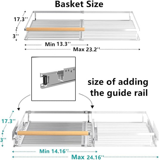 Pull Out Cabinet Organizer 2Pack, Heavy Duty Slide Out Pantry Shelves, Sliding Drawer Pantry Shelf for Kitchen, Living Room, Home, 14.16''-24.16''W x 17.3''D