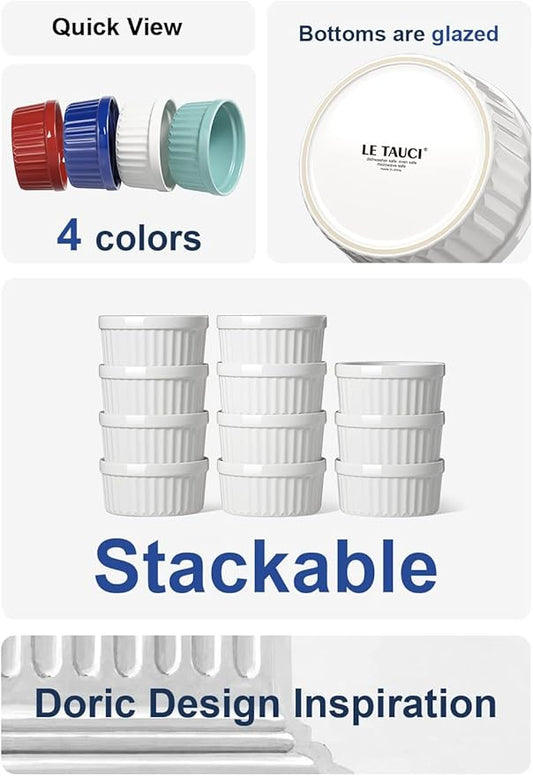 LE TAUCI Ramekins 4 OZ Oven Safe, Creme Brulee Ramekins, Pudding Custard Cups Souffle Ramiken, Dipping Sauce Dishes, Ceramic Ramekin Bowls Set of 6, White