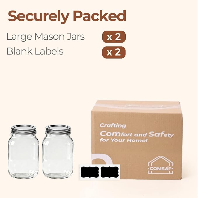ComSaf Wide Mouth Mason Jars 32 oz with Lids 2 Pcs, Quart Mason Jars with Seal Band, Large Glass Jars, Large Canning Containers for Pickles, Jams, Sauces, Salsa, Sourdough, Salad, Suntea, Food Storage