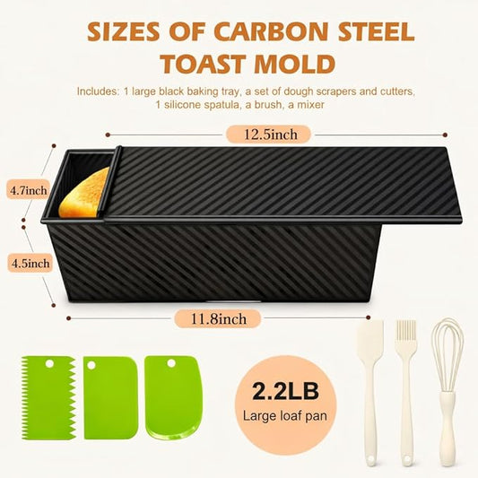 2.2lb Pullman Loaf Pan with Lid, Nonstick Carbon Steel Square Bread Pan for Baking Shokupan, Sandwich, Pain de Mie & Sourdough โ Includes 6 Bonus Tools