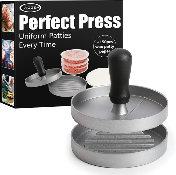 TACGEA Burger Press 150 Patty Papers, Non-Stick Hamburger Patty Maker with Wax Paper, Aluminum Burger Maker for Kitchen BBQ Grill