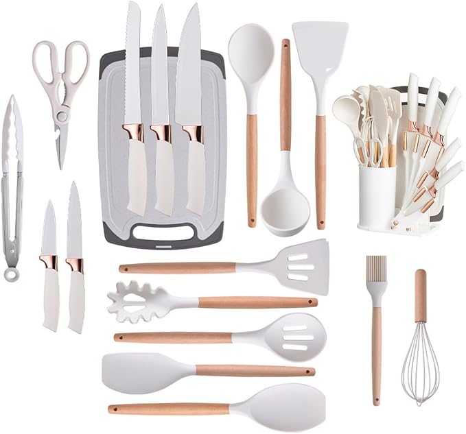 19 Pieces Kitchen Cooking Utensils and Knife Set with Holder Block, Include 11 Pcs Silicone Cooking Utensils 5 Pcs Sharp Stainless Steel Knives Scissors Whisk Tongs and Cutting Board (BLACK)