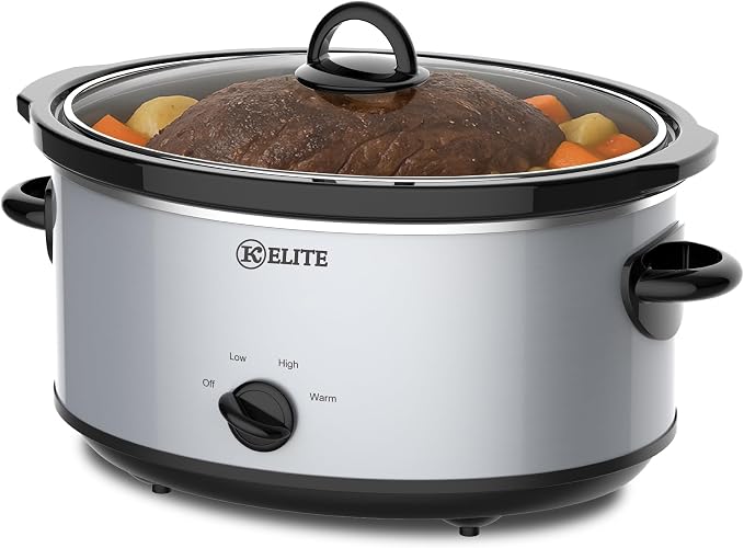 Kitchen Elite 6 Quart Slow Cooker for Large Families, Stainless Steel Crock Pot with 3 Heat Settings, Dishwasher-Safe Ceramic Pot & Tempered Glass Lid