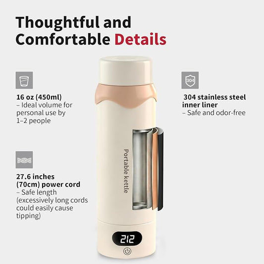 Insulated Stainless Steel Electric Kettle Small, Smart Water Bottle with 4 Temperature Control, Leak-Proof, Mini Travel Essentials Portable Office Gifts for Tea Lovers, Cream