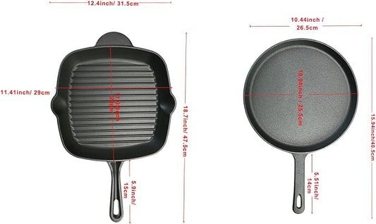 11 Inch Square Grill Pan Large Pre-Seasoned Cast Iron and 10.5 Inch Round Griddle, Crepe Pan, BBQ Hot Plate Pans with Handle Silicone