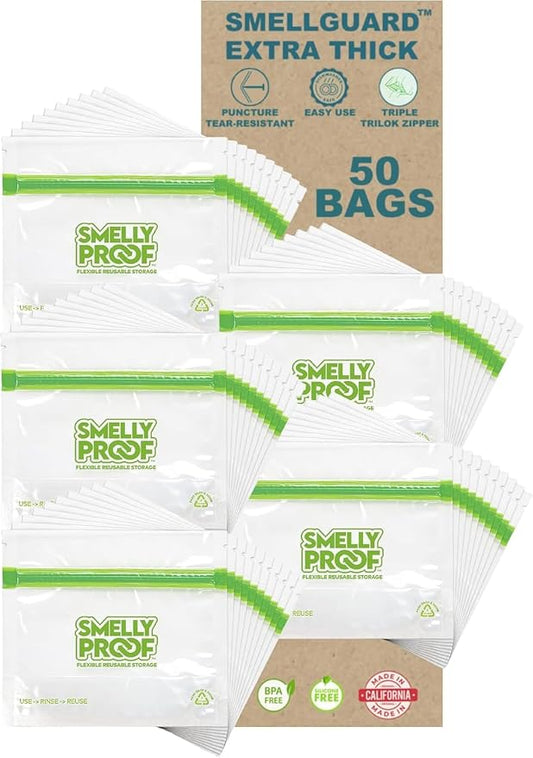 Smelly Proof 50 x Reusable Food Storage Bags, Reusable Snack Bags, Stand-Up Expandable “Stand & Fill”, Dishwasher-Safe, Clear 3-Mil 6” x 4”, US Made, BPA FREE, NO PEVA, 50-pk