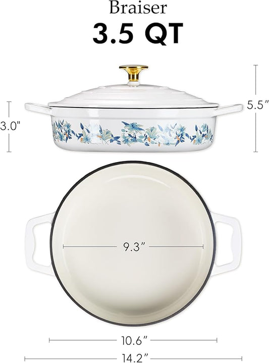 CAROTE 3.5QT Enameled Cast Iron Braiser Pan, Shallow Floral Dutch Oven Casserole Skillets, Non-Toxic Cast Iron Pot with Lid for Baking, Dual Handles, All Stovetop Compatible, White & Blue