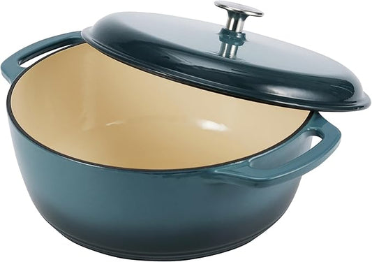 Amazon Basics Enameled Cast Iron Dutch Oven Pot with Lid, Round, Dual Handles, Heavy-Duty, Oven Safe for Stews, Roasting, Baking, 7.3-Quart, Gray