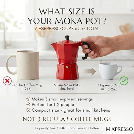 Mixpresso Red 3 Cup Moka Pot Cuban Coffee Maker, Moka Pot for Gas, Electric Stove Top, Classic Italian Coffee Maker, Stovetop Espresso Maker, Camping Pot Makes 3 Espresso Cup 5 Oz - Mug 4.4 Oz