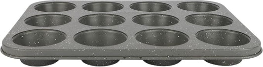 David Burke 12-Cup Muffin Pan, Carbon Steel, PFTE & PFOA Free, Oven Safe, Diamond Textured Surface – Gray Speckle
