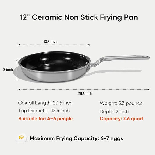 5 Ply Ceramic Non Stick Frying Pans - 12 Inch Stainless Clad Nonstick Skillet, Non-Toxic PTFE PFOA & PFAS Free, Induction Ready Oven Safe up to 650°F, Professional Even Heating Cookware