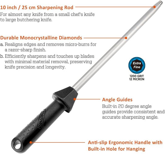 SHARPAL 119N Diamond Sharpening Steel – Professional Solid Knife Sharpener Honing Rod with Built-in Angle Guides, Sharpens, Realigns, and Polishes Edges for Chef and Kitchen Knives Fathers Day Gift