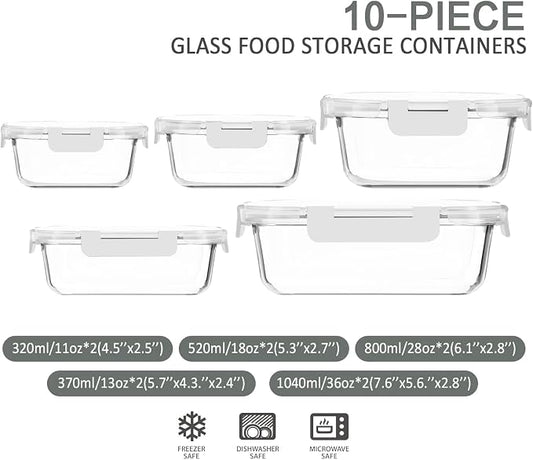 M MCIRCO 10-Pack Glass Food Storage Container with Lids, Airtight Lunch Bento Boxes, Glass Meal Prep Container,Microwave, Oven, Freezer and Dishwasher Friendly, White