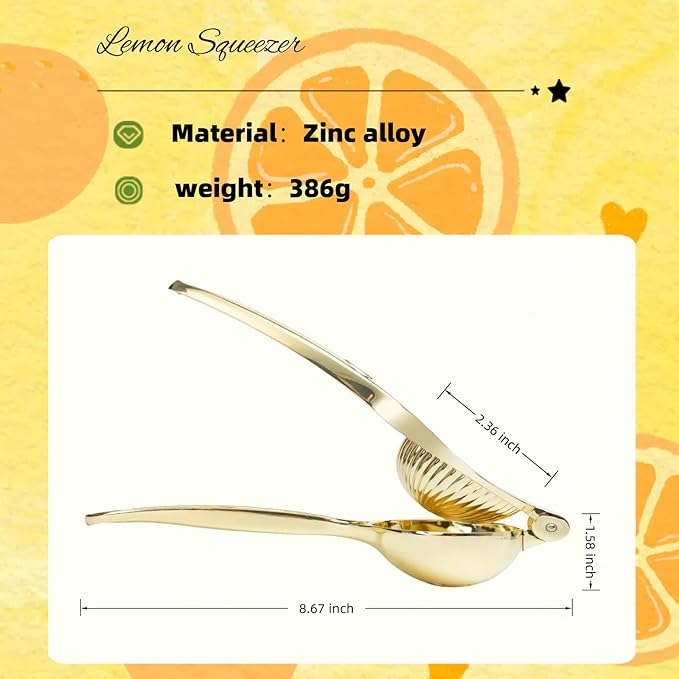 Lemon Squeezer, Heavy Duty Zinc Alloy Manual Citrus Juicer Hand Press,High Yield Threaded Groove Small Oranges Limes Juicer, Juice Maker for Cocktails Home Restaurant Kitchen Utensils(Gold)