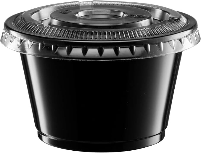 ELEGANT DISPOSABLES (4 oz - 100 Sets) Black Diposable Plastic Portion Cups With Lids, Small Mini Containers For Portion Controll, Jello Shots, Meal Prep, Sauce Cups, Condiments, Medicine, Dressings,