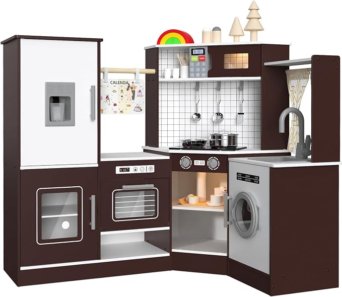 Babytronic Corner Wooden Play Kitchen Set for Kids w/Lights & Sounds, Pretend Play Kitchen Playset with Stove, Microwave, Ice Maker & Accessories, Perfect for Toddlers & Multiple Children (Coffee)