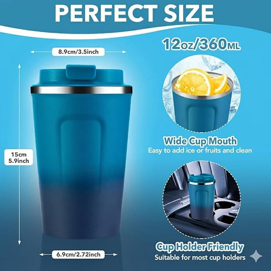 Volhoply 12 oz Double Wall Insulated Vacuum Travel Coffee Mugs with Flip Lid Bulk 2 Pack,Reusable Stainless Steel Leak Proof Coffee Cup,Portable Cafe Thermal Tumbler for Hot & Cold Drinks(Mix,2 Set)