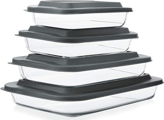 MCIRCO 8 Pcs Glass Baking Dish Set with Lids, 9 Pcs Stainless Steel Baking Sheet Tray Cooling Rack with Silicone Baking Mat Set, For Cooking, Baking